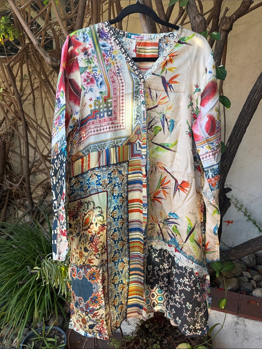 Johnny Was Multicolor Patchwork Bird Print Silk Tunic
